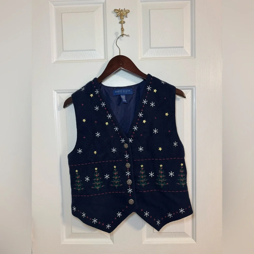 Vintage Christmas Sweater Vest Small Embroidered Button-Up Navy